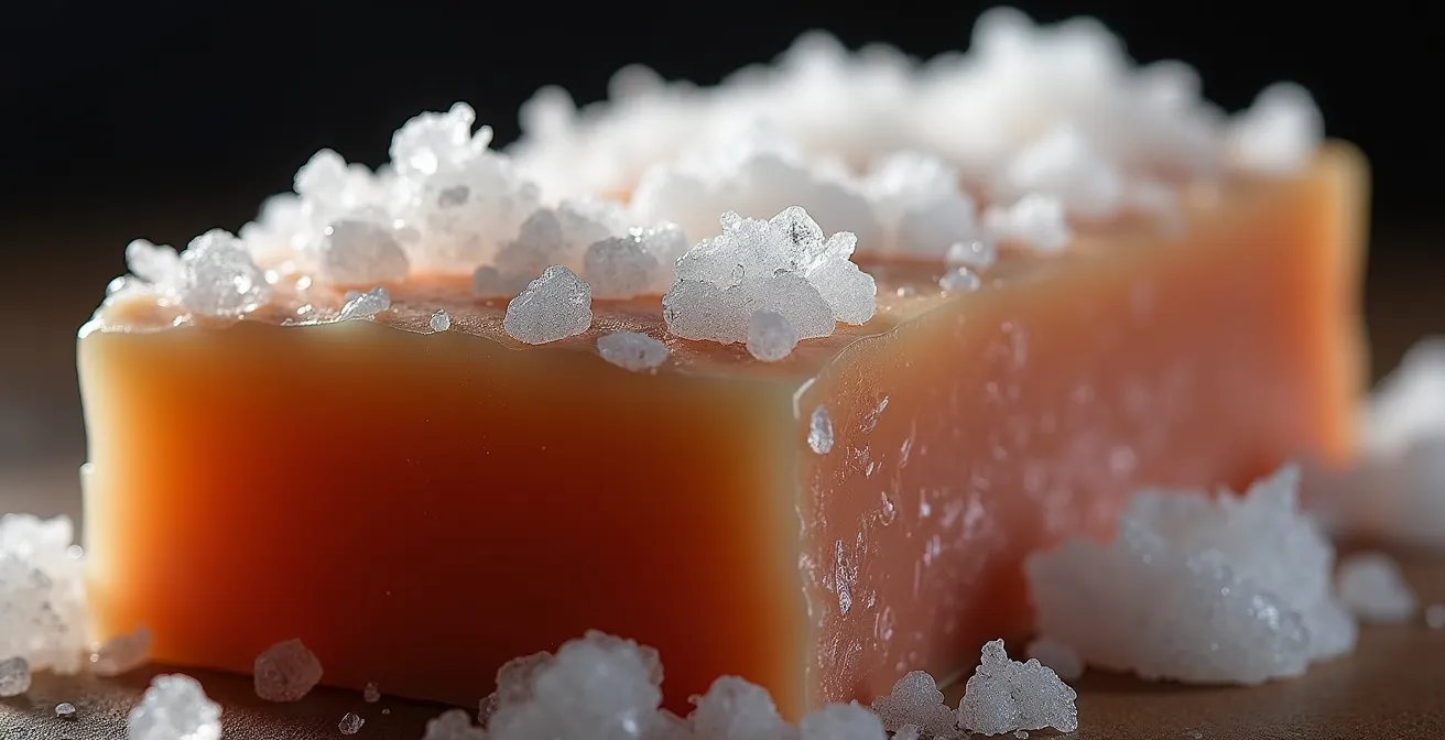 Illustration montrant le processus traditionnel de salaison du lard avec gros sel, mettant en avant les grains de sel et la texture du gras de porc