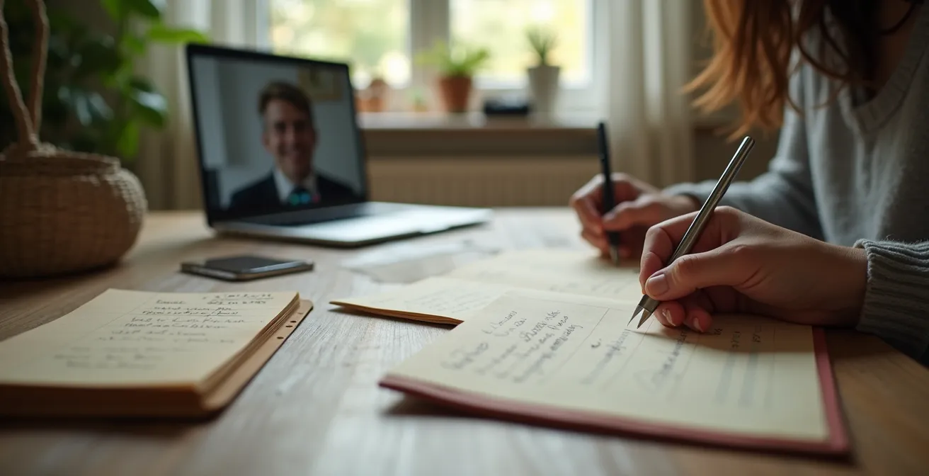 Une personne travaillant sur un livre de recettes familial sur un bureau avec des photos, carnets manuscrits et ordinateur portable