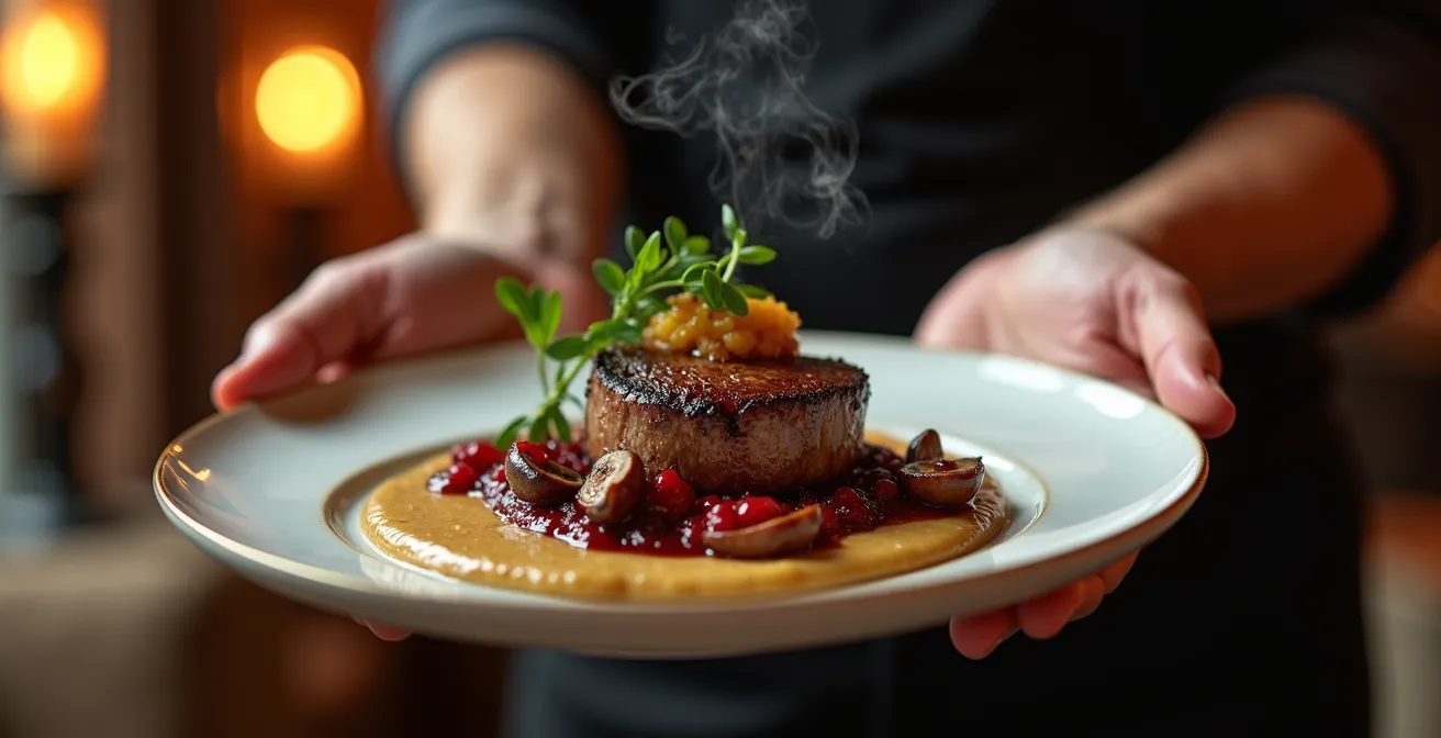 Assiette élégante de gibier avec garnitures automnales québécoises
