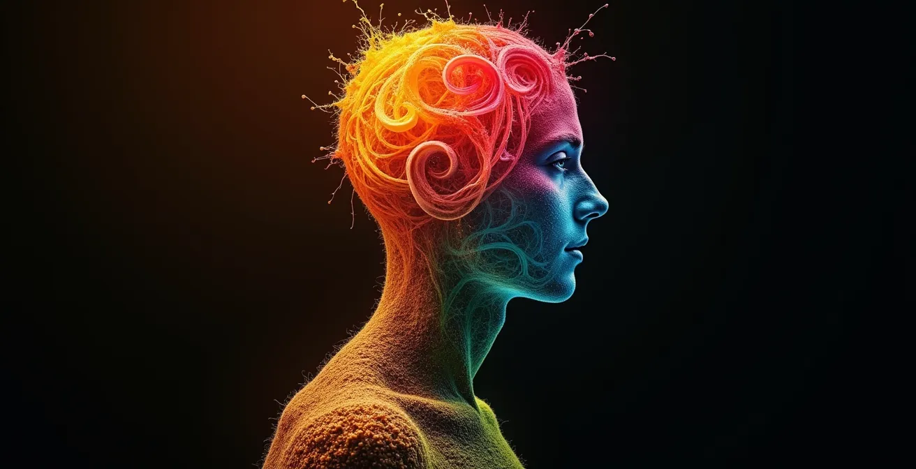 Composition abstraite montrant l'effet addictif des aliments ultra-transformés sur le cerveau