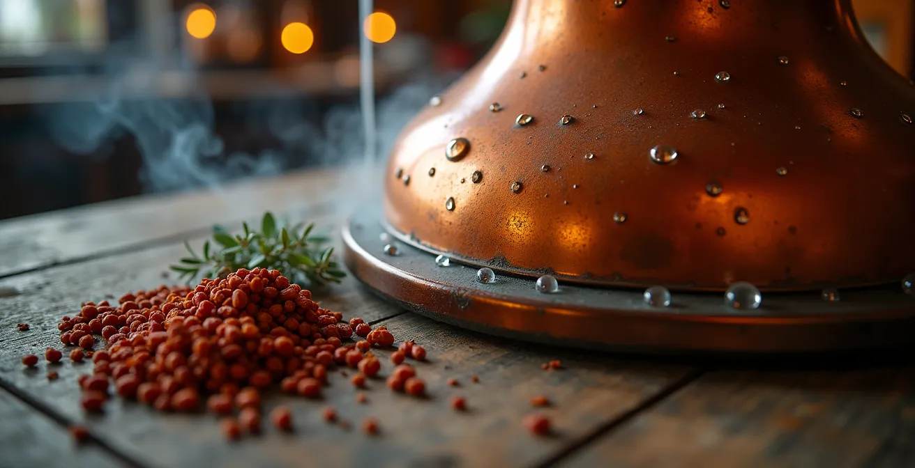 Gros plan sur un alambic de cuivre en pleine distillation dans une distillerie québécoise