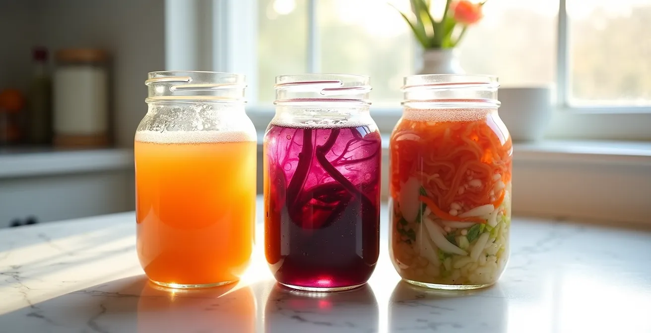 Arrangement minimaliste de bocaux de fermentation contenant choucroute, kombucha et légumes fermentés sur comptoir lumineux