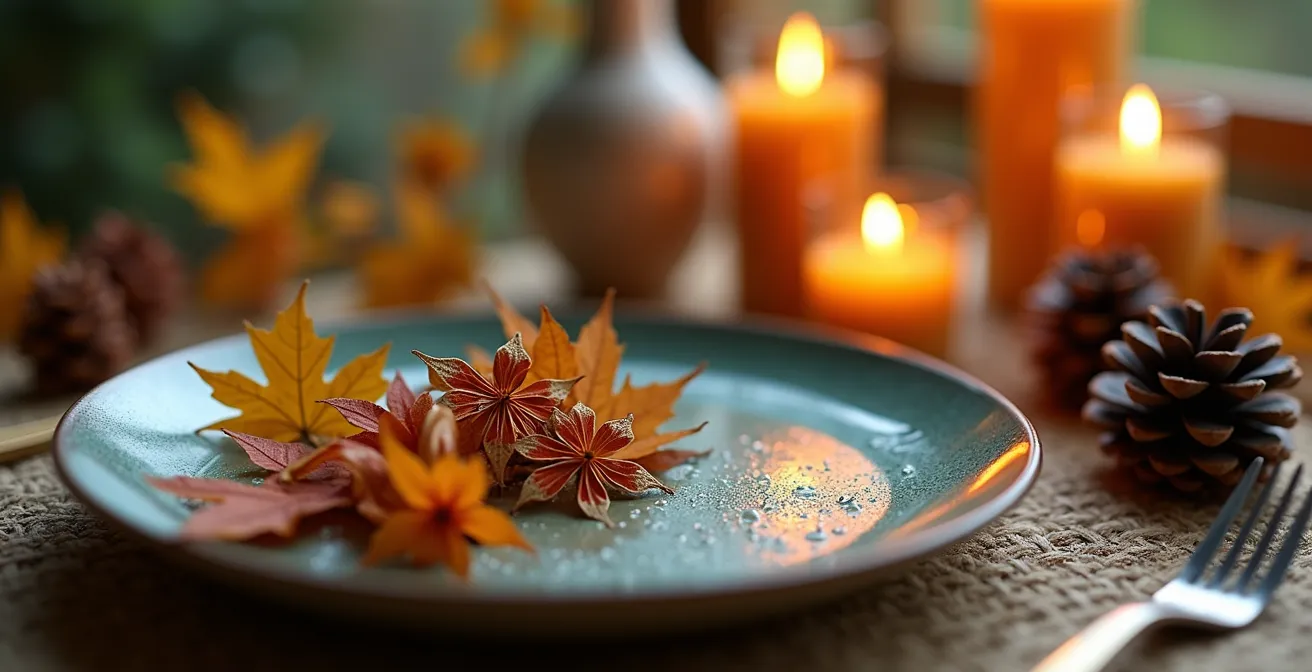 Table élégamment dressée avec éléments naturels québécois, branches de bouleau et cocottes de pin