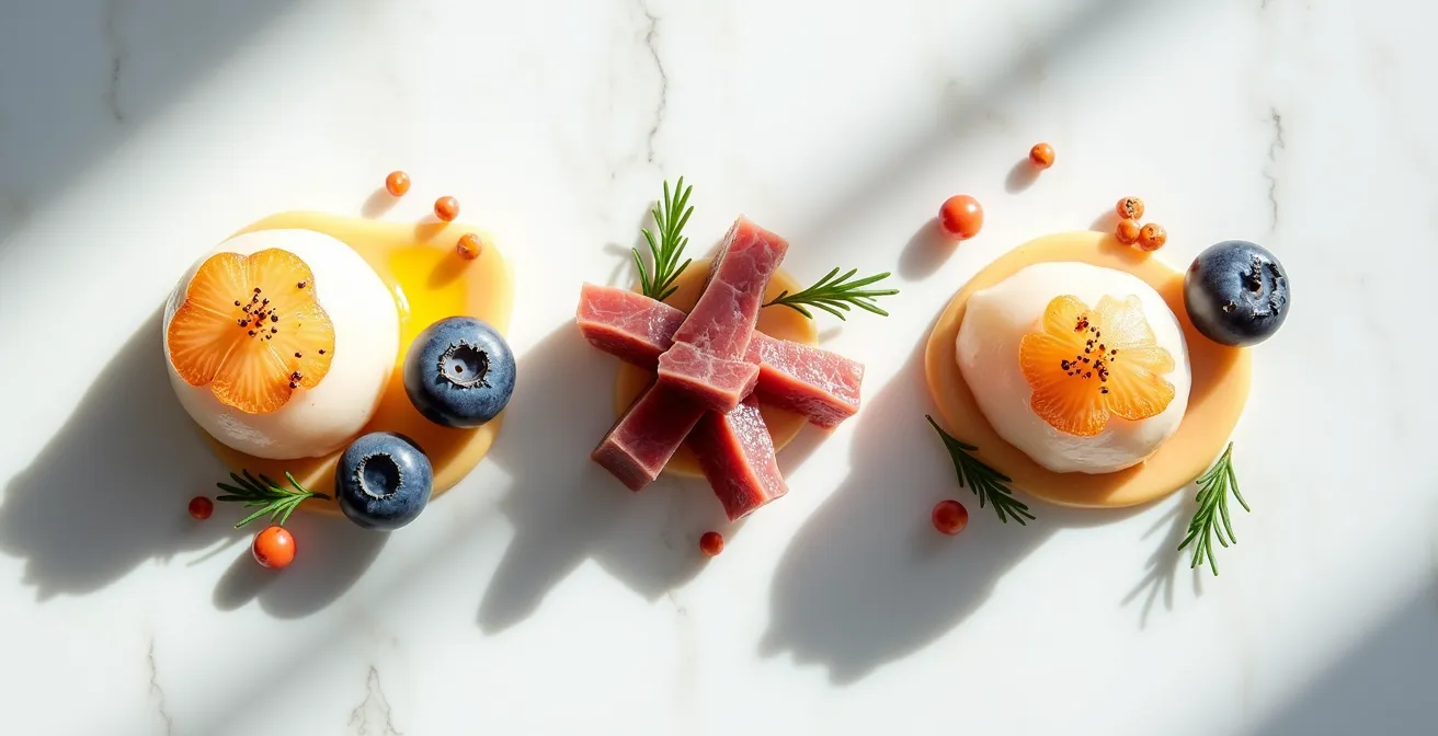 Arrangement artistique d'ingrédients québécois montrant des associations surprenantes de saveurs, comme des pétoncles avec de l'argousier.