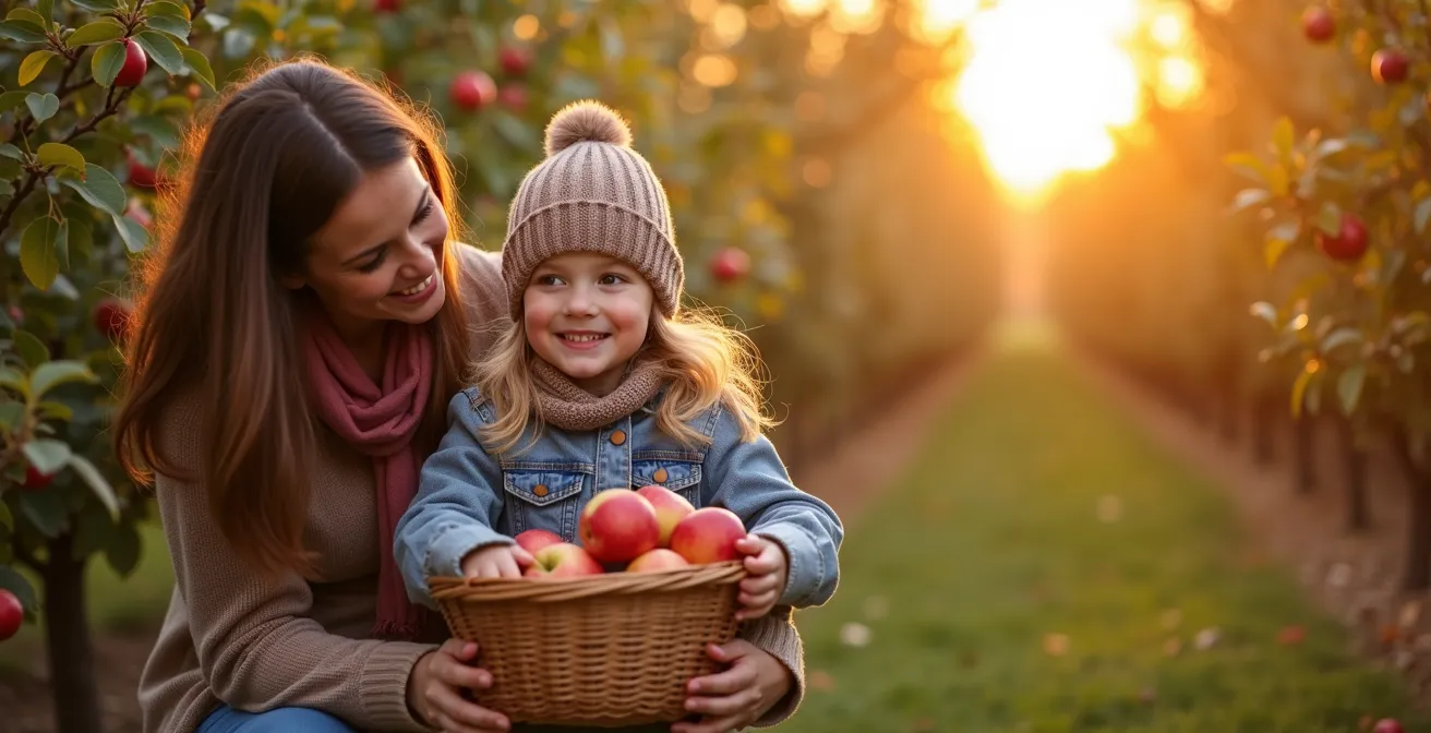 Famille québécoise dans un verger de pommes en automne, panier rempli de fruits rouges, lumière dorée filtrant à travers les branches