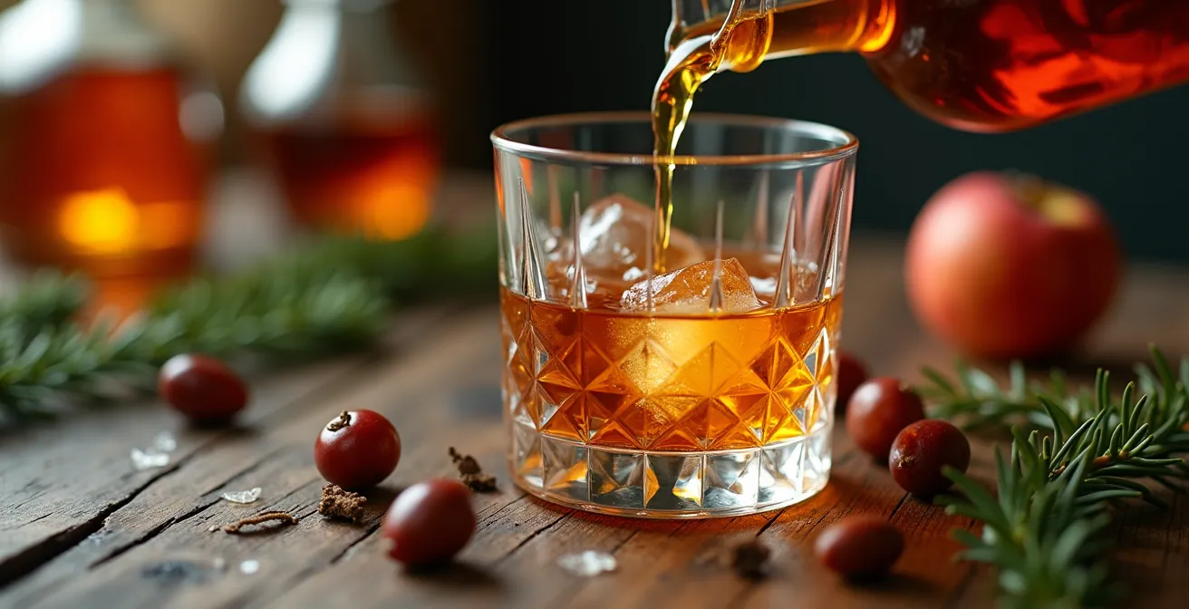 Bar à cocktails d'hiver avec cinq bouteilles de spiritueux québécois et accessoires de mixologie