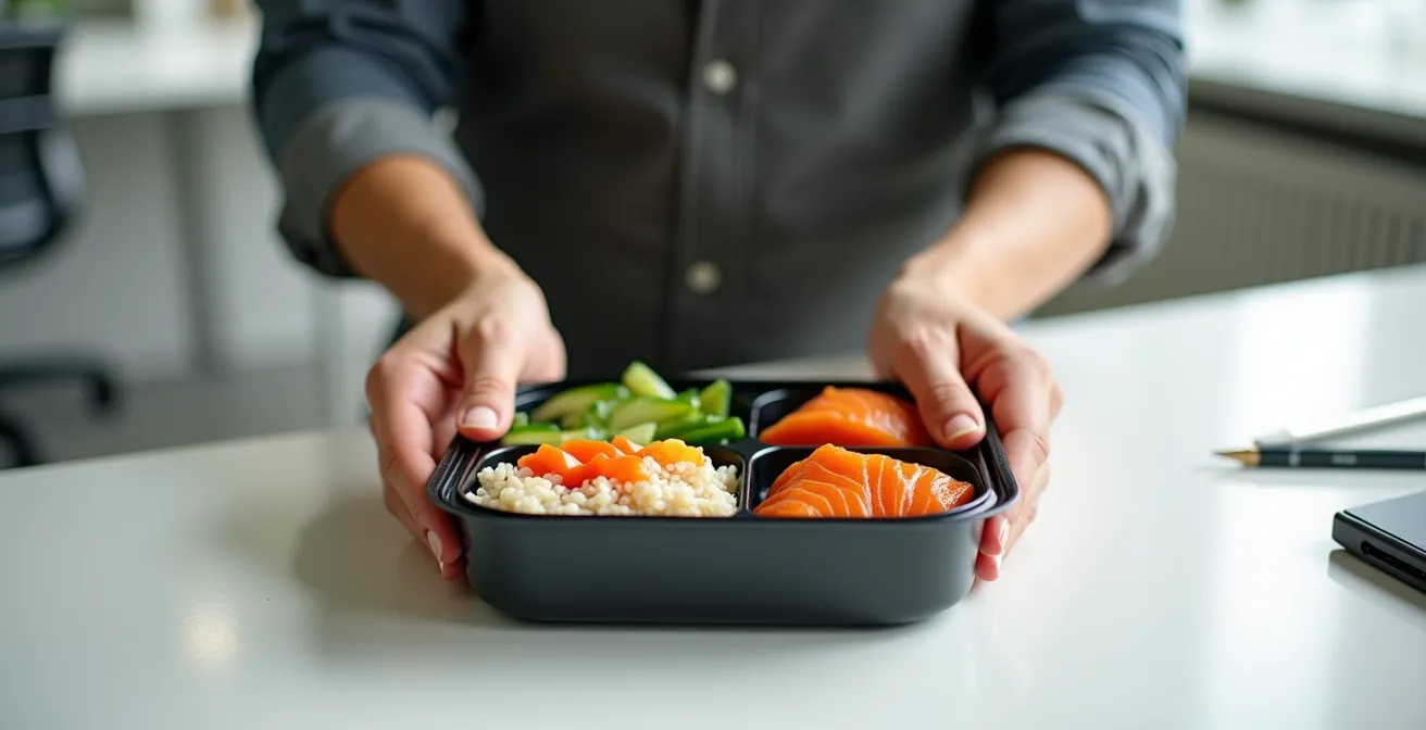 Boîte bento ouverte montrant un repas équilibré avec ingrédients québécois disposés harmonieusement