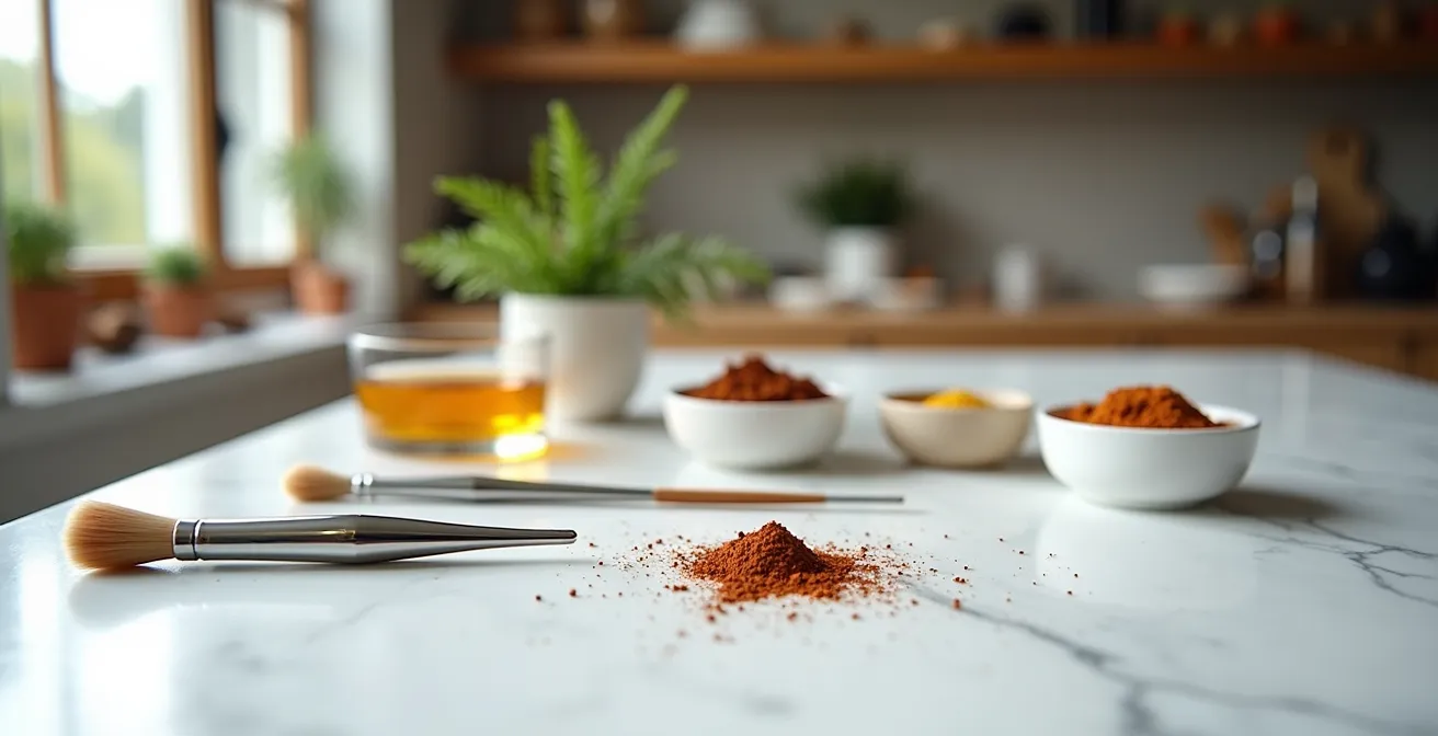 Arrangement minimaliste d'outils de stylisme culinaire avec poudres et huiles artisanales québécoises