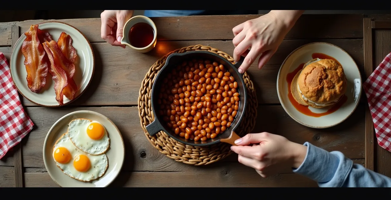 Table de brunch québécois avec fèves au lard et accompagnements traditionnels