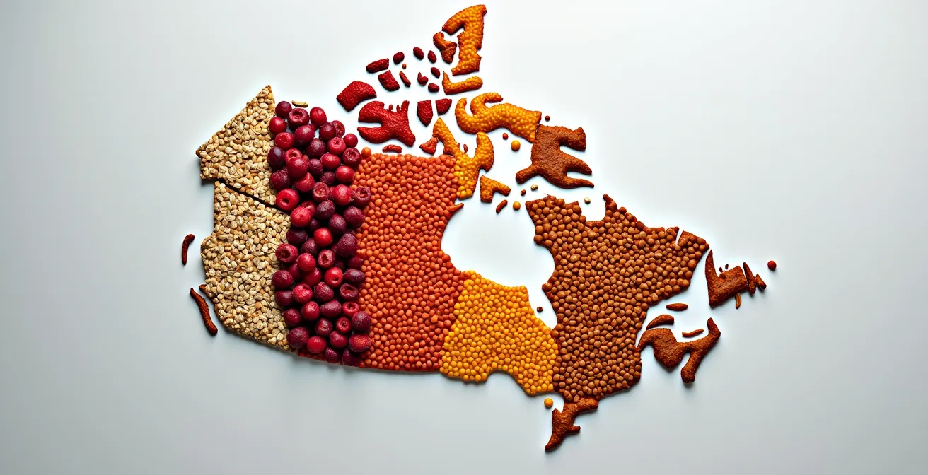 Carte visuelle des meilleures sources de fibres par région du Canada, avec des aliments locaux disposés géographiquement