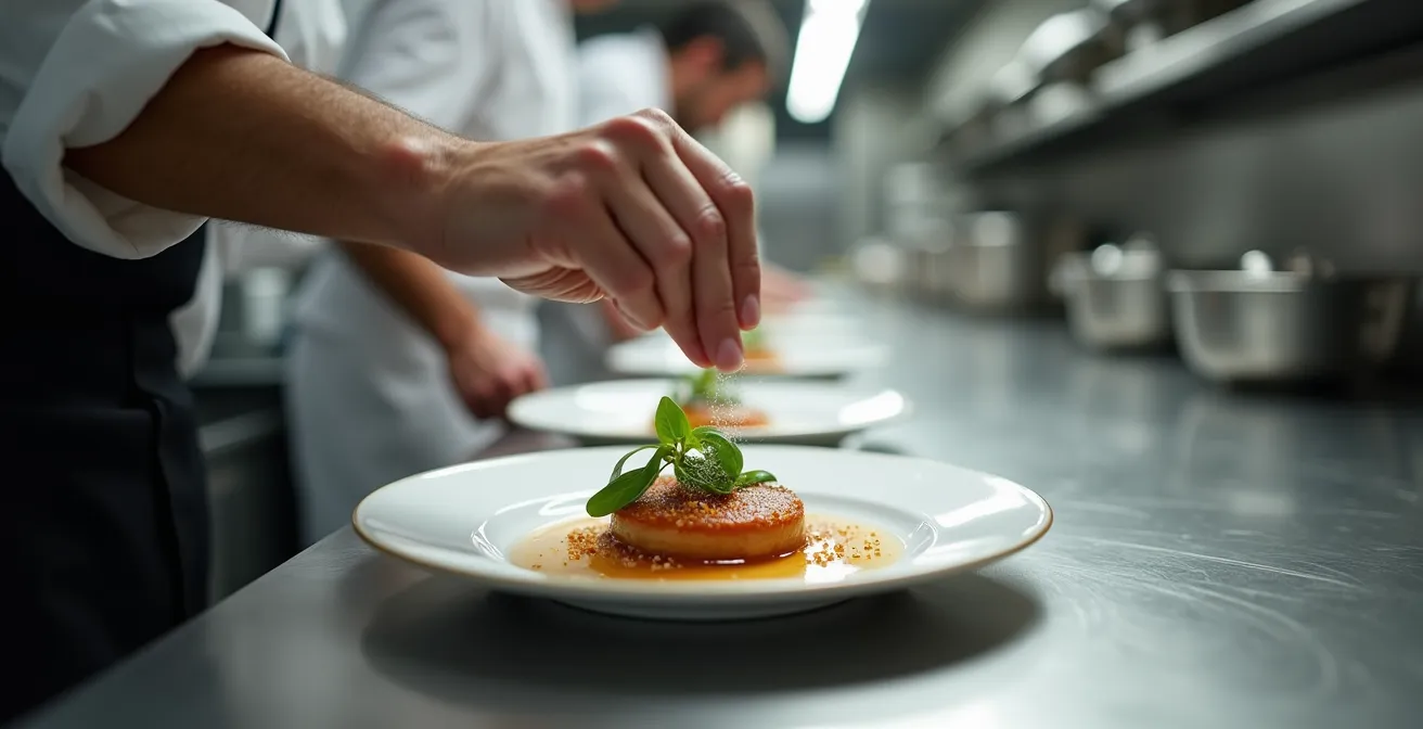 Mains expertes d'un chef québécois en train d'assaisonner avec précision un plat gastronomique dans une cuisine professionnelle