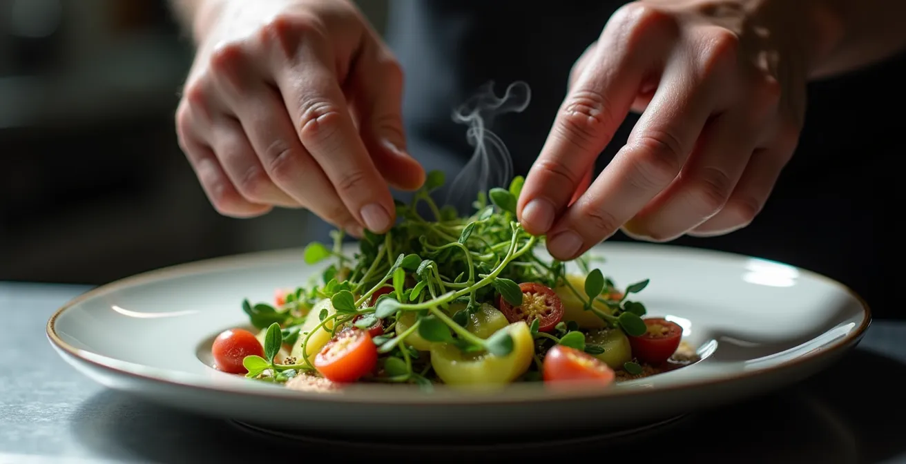 Gros plan sur les mains d'un chef créant minutieusement un plat gastronomique