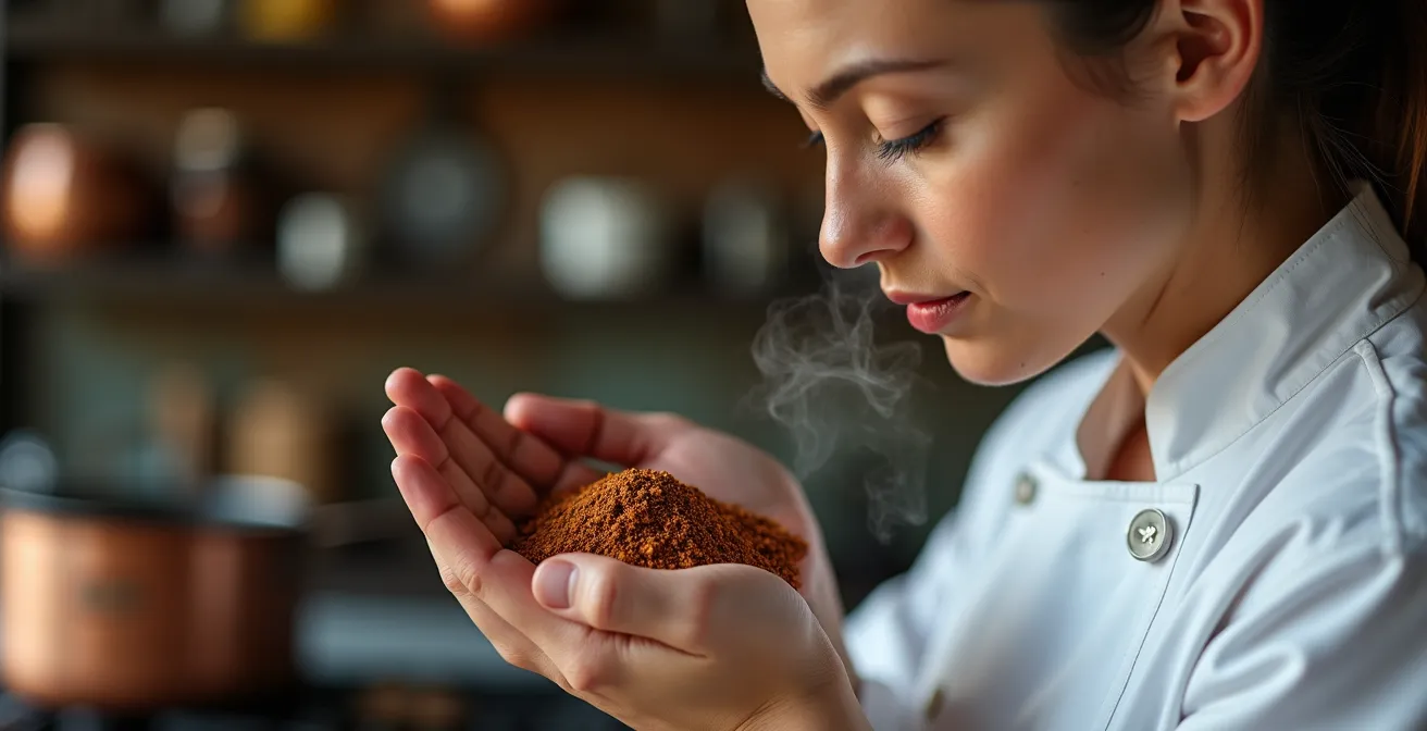 Portrait rapproché d'un chef sentant des épices fraîchement moulues avec expression concentrée