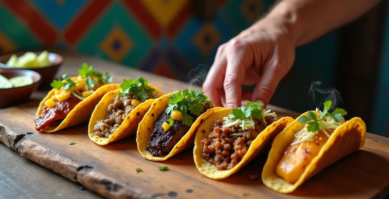 Présentation artistique de cinq tacos mexicains régionaux avec leurs garnitures distinctives