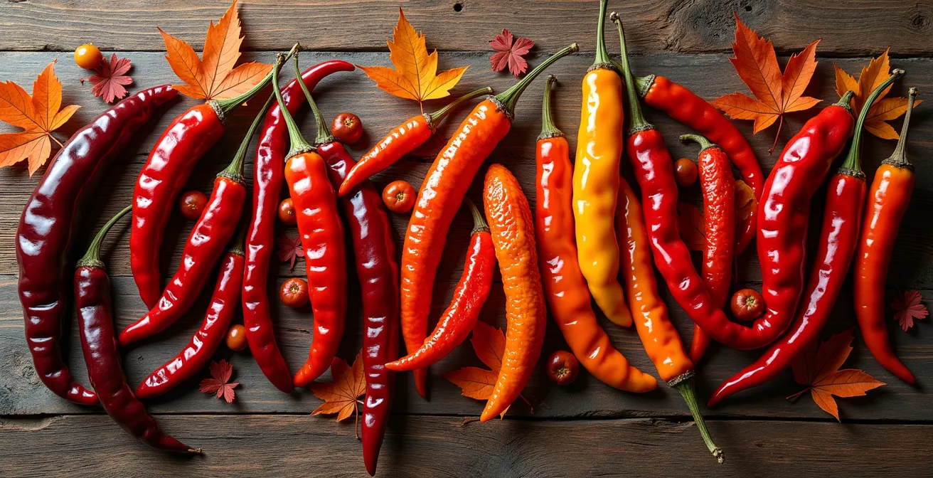 Arrangement artistique de piments séchés aux couleurs variées sur surface de bois rustique