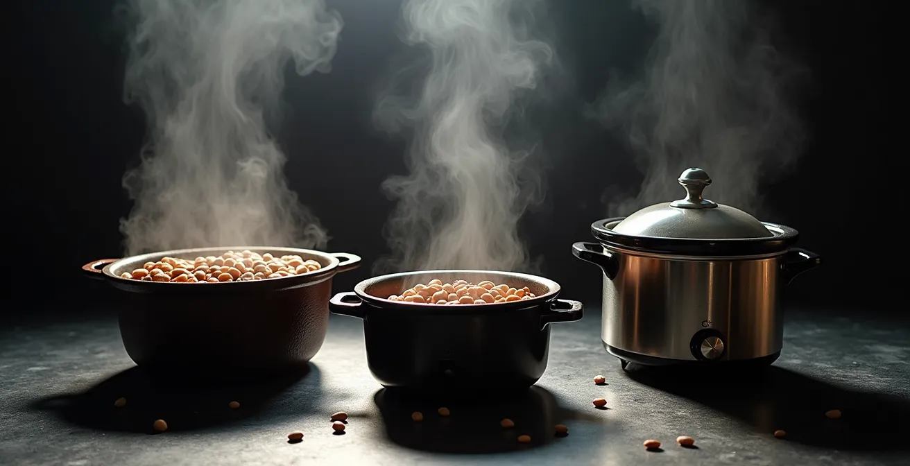 Trois méthodes de cuisson des fèves au lard côte à côte : four, mijoteuse et autocuiseur