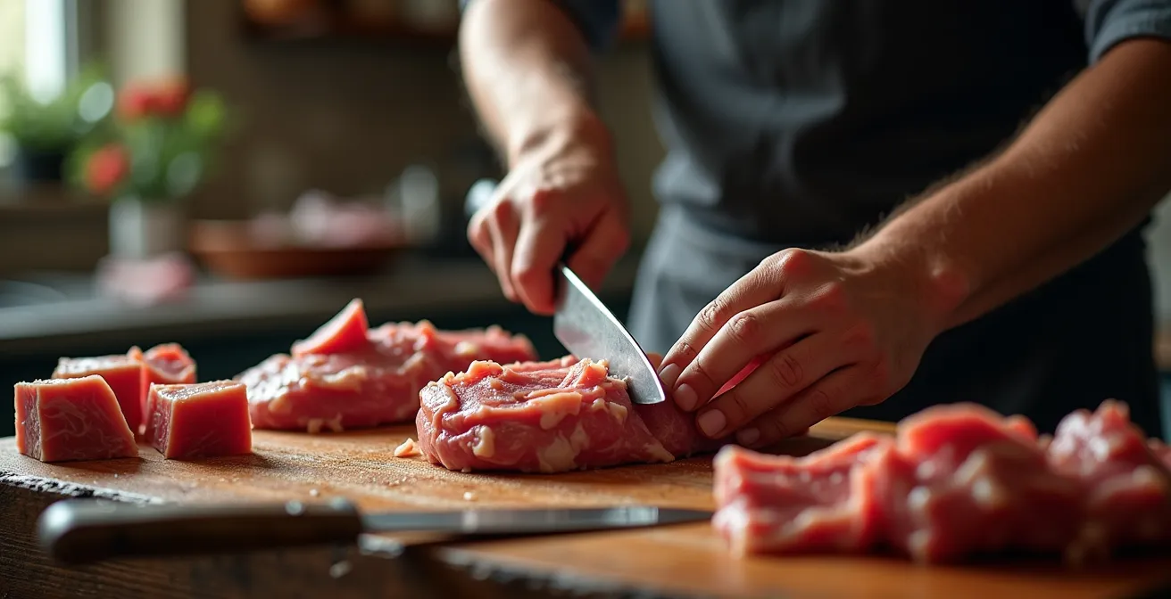 Vue macro de deux textures de viande pour tourtière côte à côte