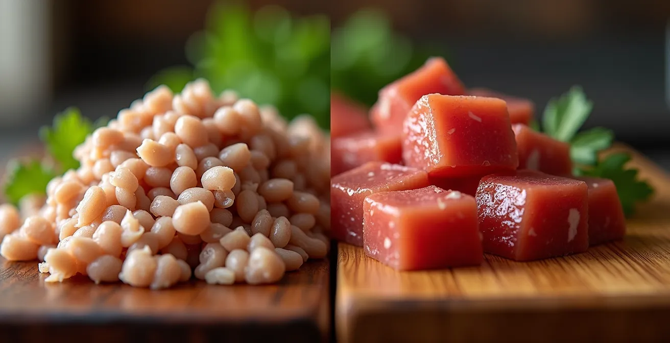 Comparaison visuelle entre viande hachée et viande en cubes pour tourtière