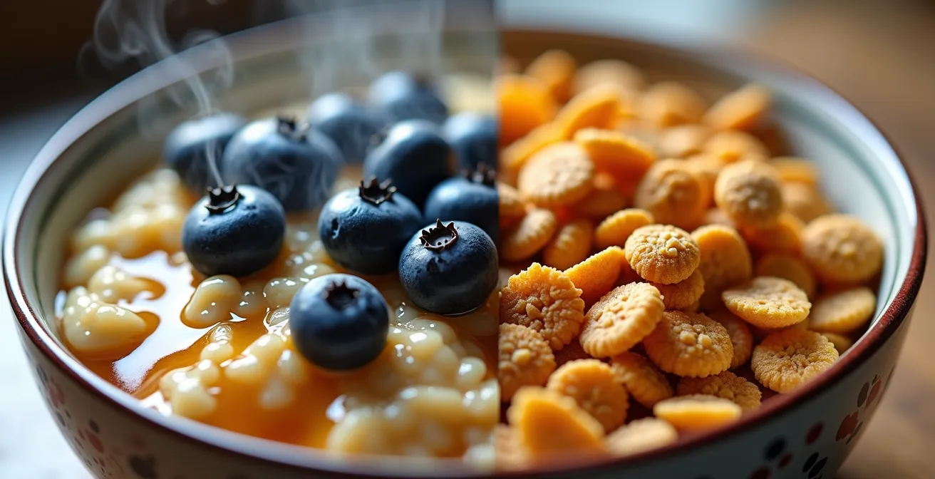 Table de déjeuner avec gruau garni de bleuets du Québec et sirop d'érable versus céréales industrielles