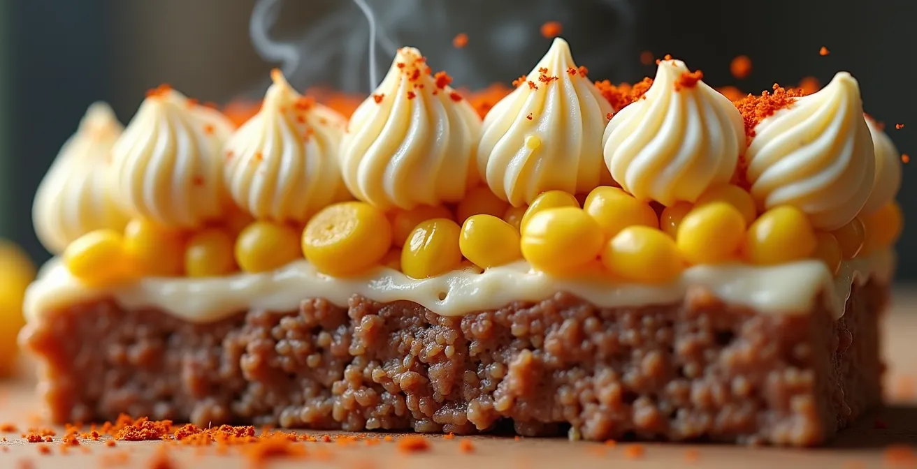Vue en coupe d'un pâté chinois montrant les trois couches distinctes dans un plat transparent