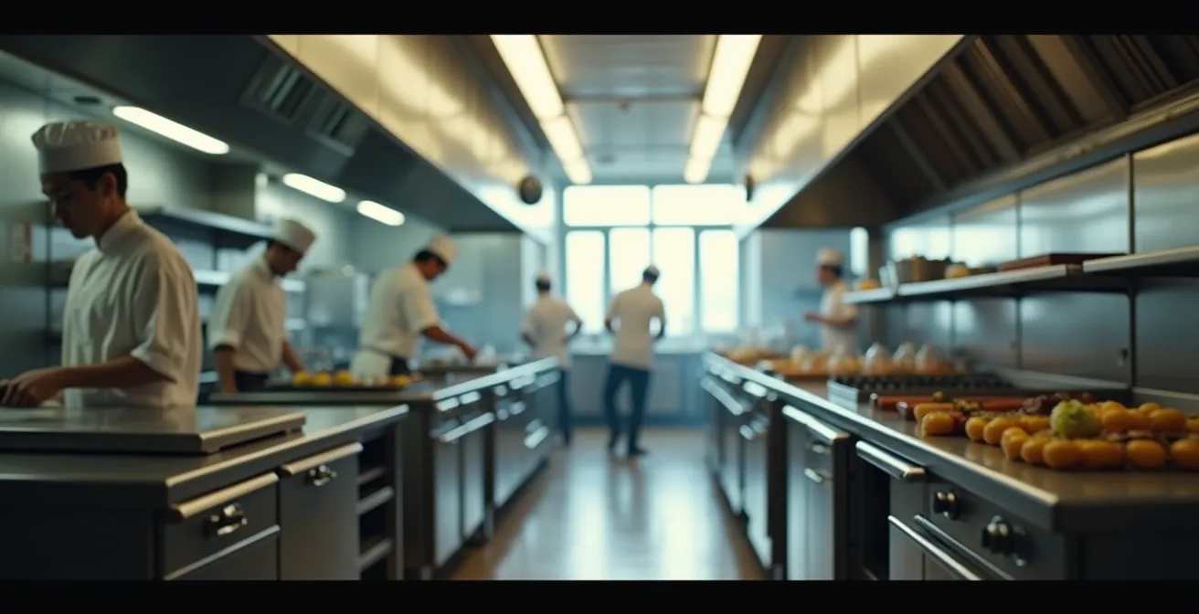 Vue d'ensemble d'une cuisine de restaurant québécois en plein service
