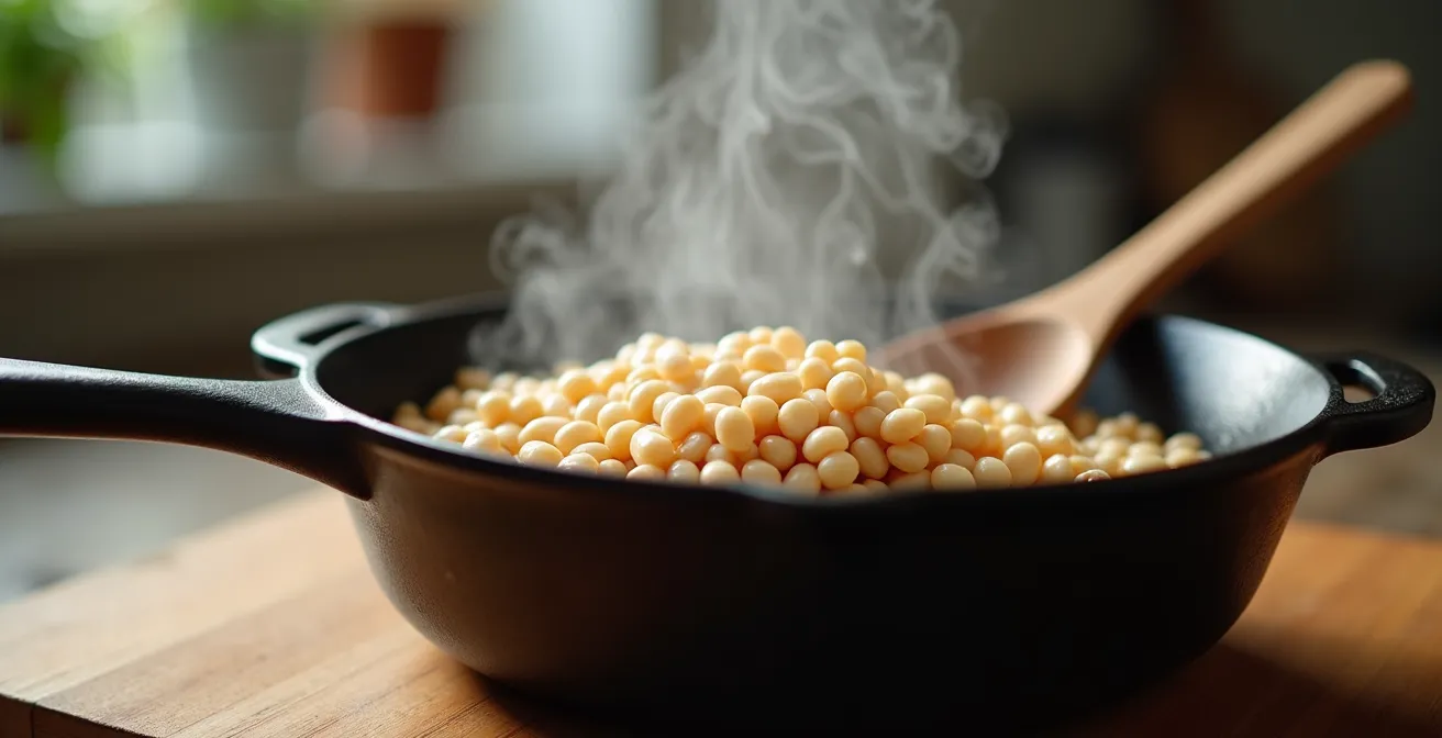 Vue plongeante sur une marmite de haricots blancs mijotant doucement avec vapeur visible