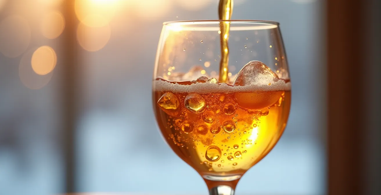 Main tenant un verre de cidre de glace doré avec reflets ambrés dans une lumière naturelle