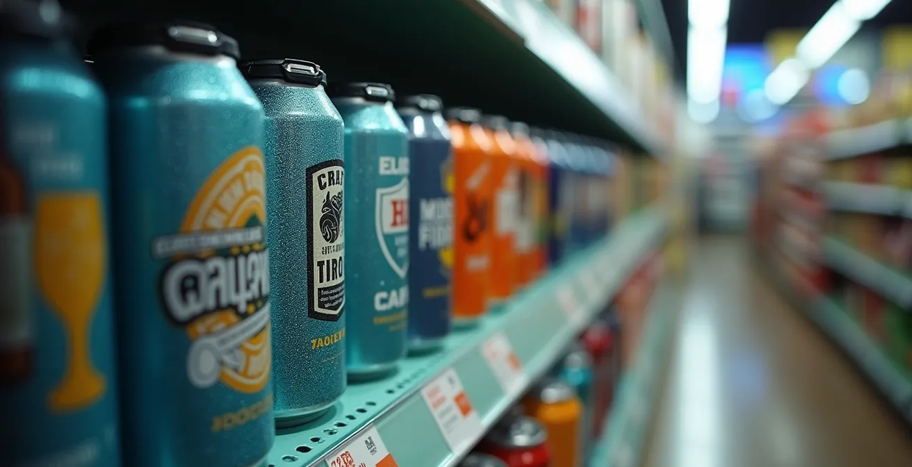 Intérieur d'un dépanneur spécialisé québécois avec des rayons remplis de bières artisanales locales.