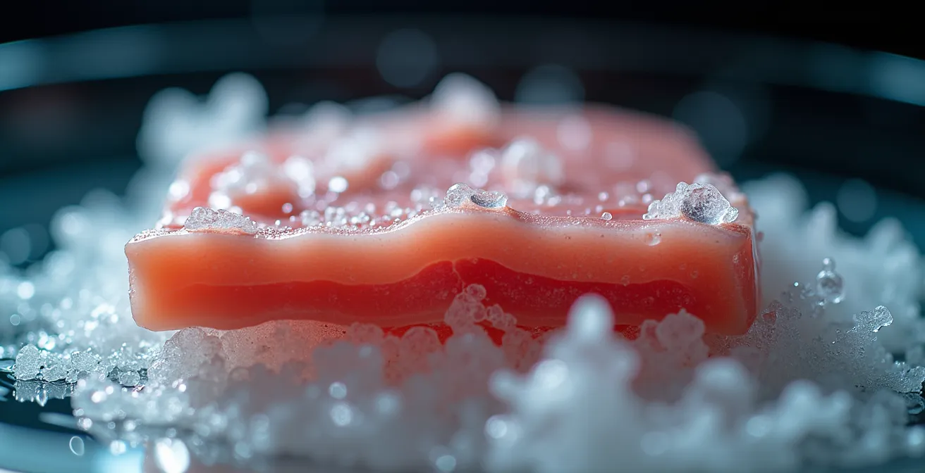 Morceau de lard salé immergé dans l'eau claire avec bulles remontant à la surface