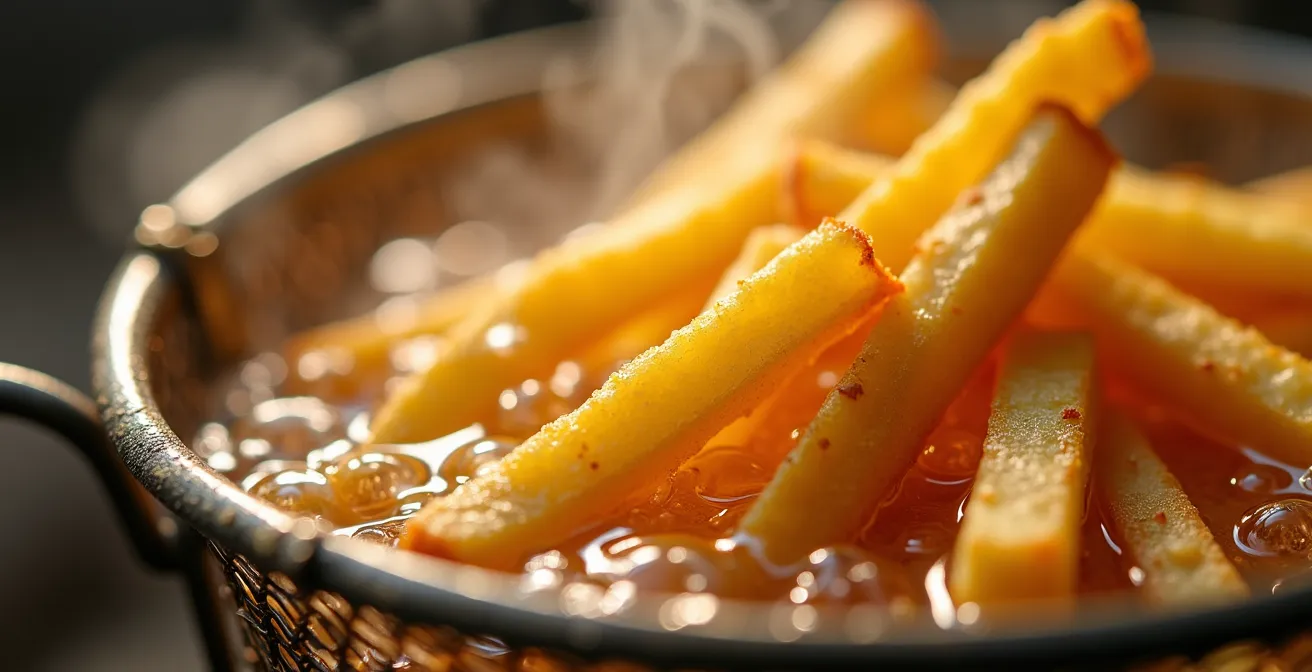 Processus de double cuisson des frites montrant les deux bains d'huile à températures différentes