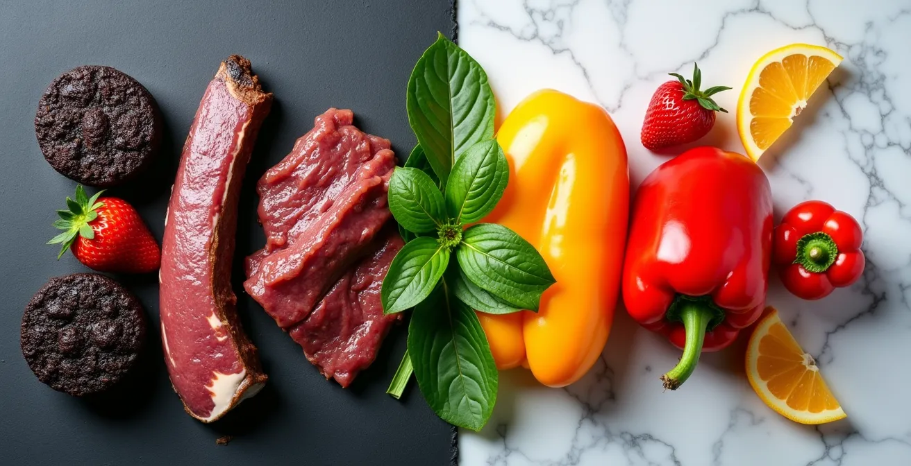 Arrangement artistique montrant des combinaisons d'aliments pour optimiser l'absorption du fer, avec du boudin et des fraises du Québec.