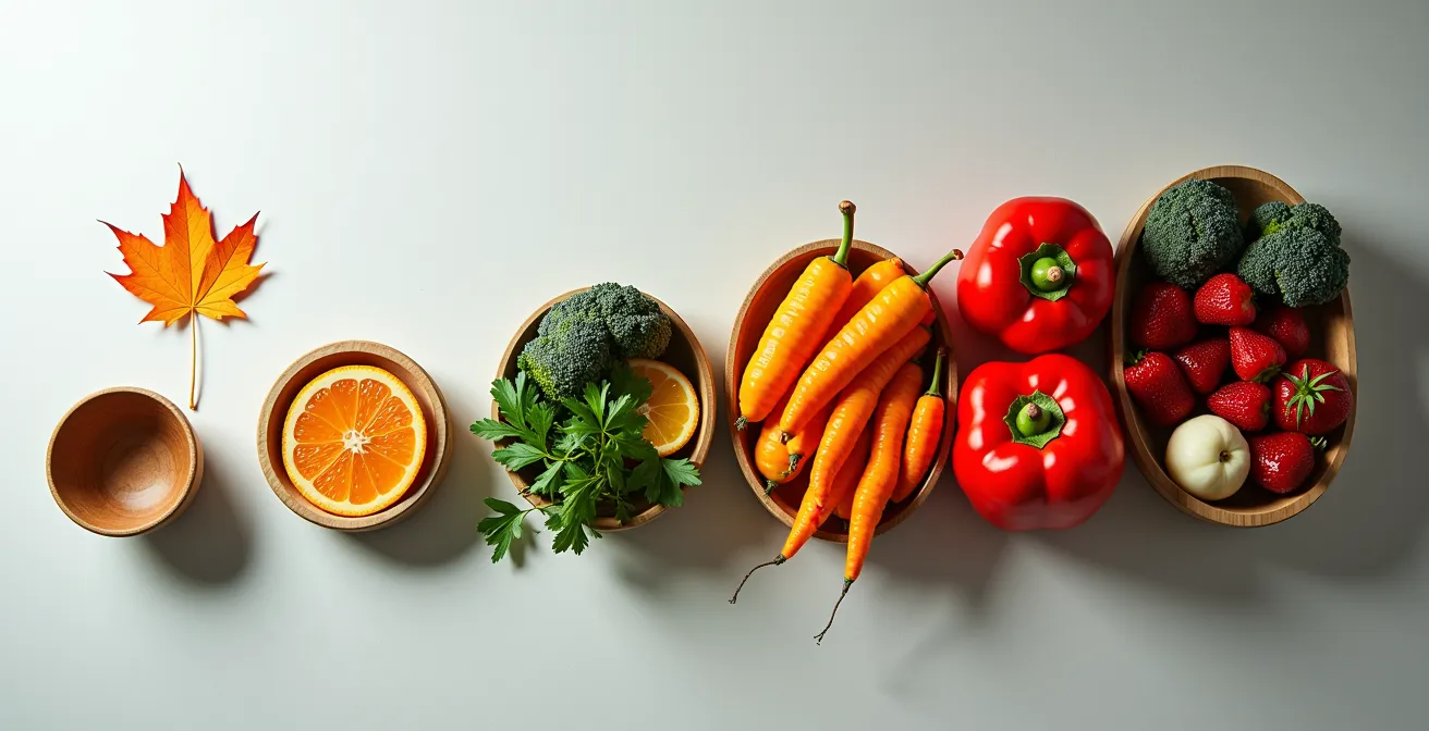 Composition abstraite montrant une gradation de couleurs représentant les niveaux de faim avec éléments visuels canadiens