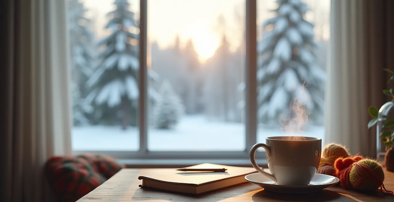 Scène hivernale paisible au Canada montrant des activités alternatives au grignotage émotionnel