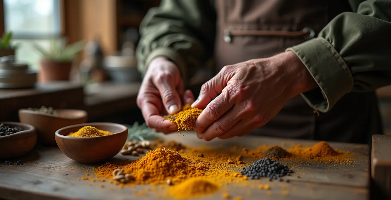 Composition artistique d'épices boréales québécoises avec poivre des dunes et nard des pinèdes sur fond de bois naturel