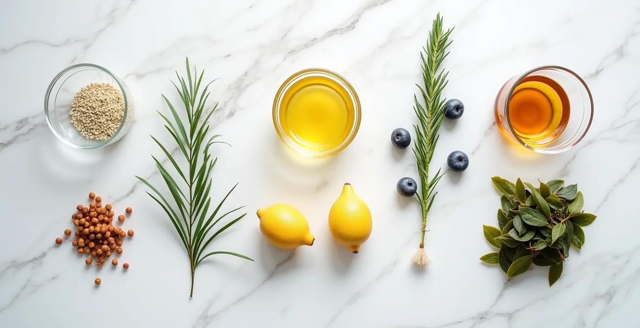 Carte visuelle des familles aromatiques avec produits québécois emblématiques disposés par catégories