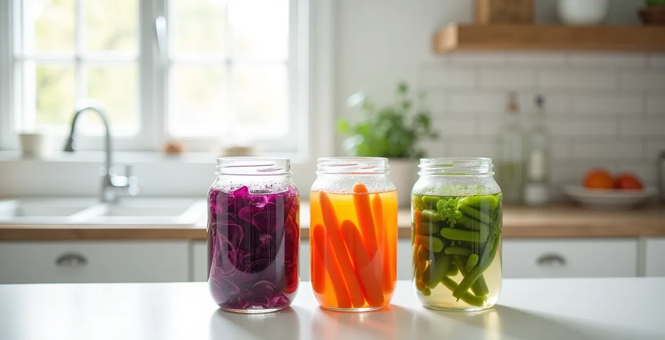 Bocaux de fermentation avec légumes québécois en processus de lacto-fermentation