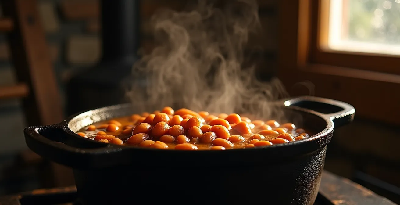 Cocotte en fonte contenant des fèves au lard dorées, avec vapeur s'échappant délicatement