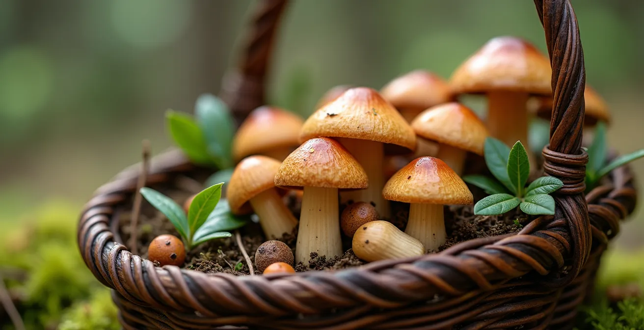 Panier de champignons sauvages et plantes boréales dans une forêt québécoise