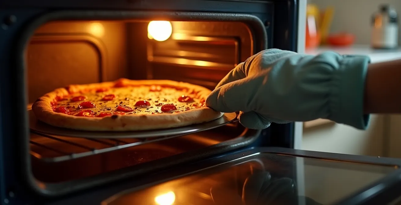 Four de cuisine avec pierre à pizza préchauffée et pizza en cuisson