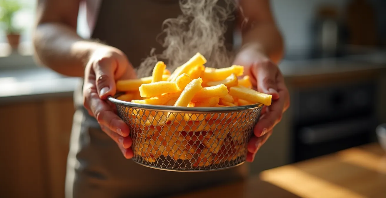 Frites dorées sortant d'un air fryer avec vapeur visible et texture croustillante