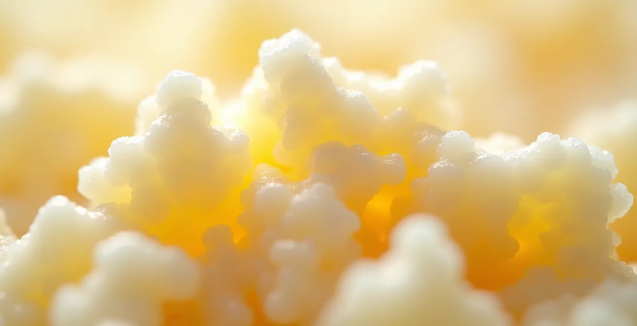 Gros plan macro sur la texture unique du fromage en grains frais québécois