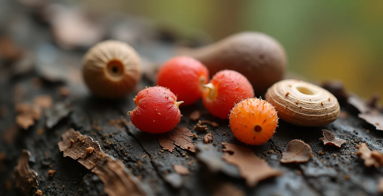Gros plan sur des ingrédients boréaux québécois : camerise, argousier et champignon chaga
