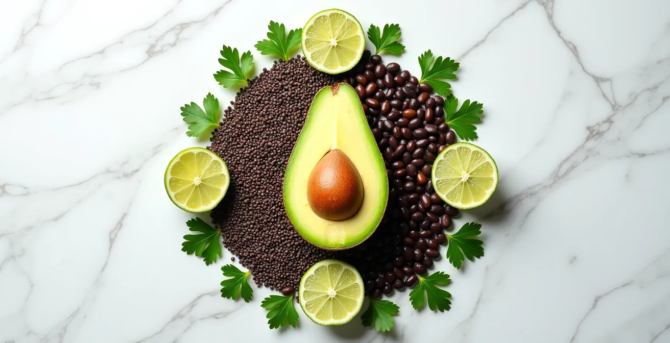 Arrangement de super-aliments mexicains incluant avocat, haricots noirs et graines de chia
