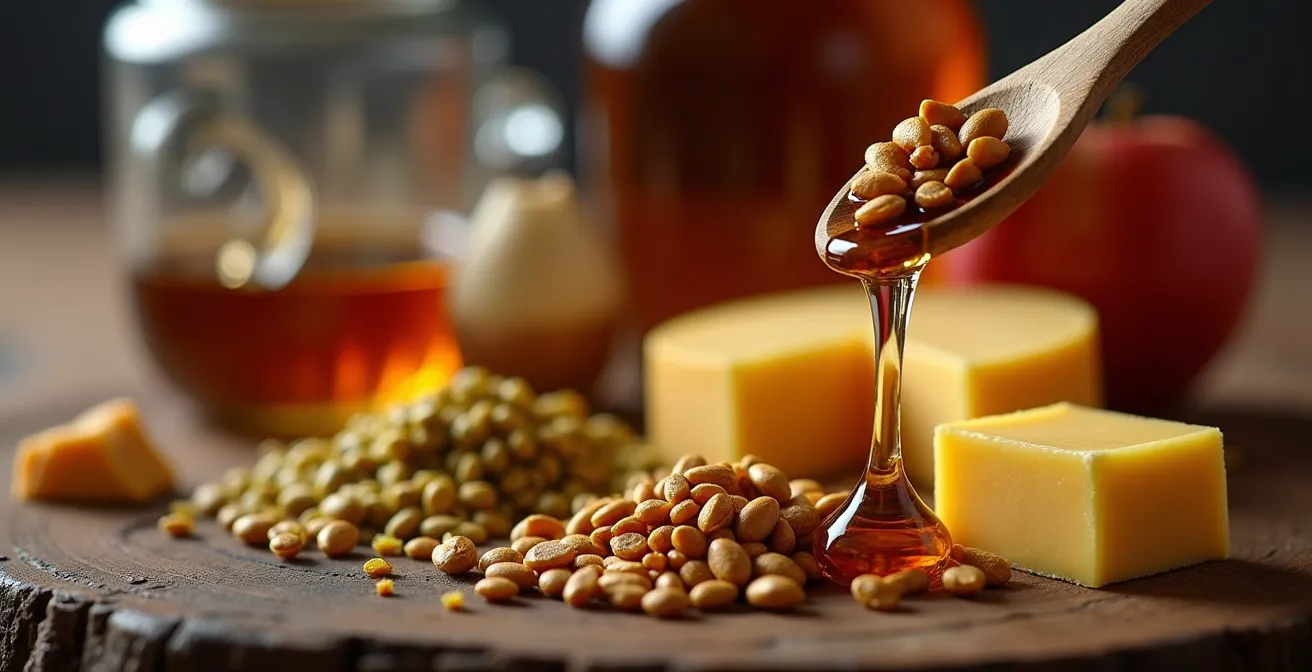 Vue macro d'ingrédients de sauvetage québécois comme du sirop d'érable, du vinaigre de cidre et des grains de moutarde.