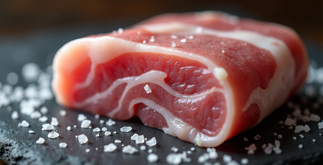 Gros plan sur la texture du lard salé traditionnel québécois