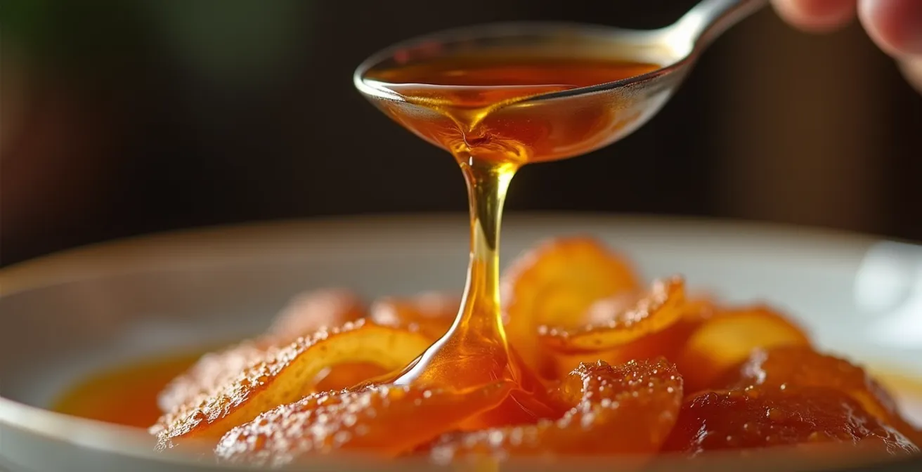 Gros plan sur une cuillère versant de la liqueur d'érable dorée sur un plat gastronomique