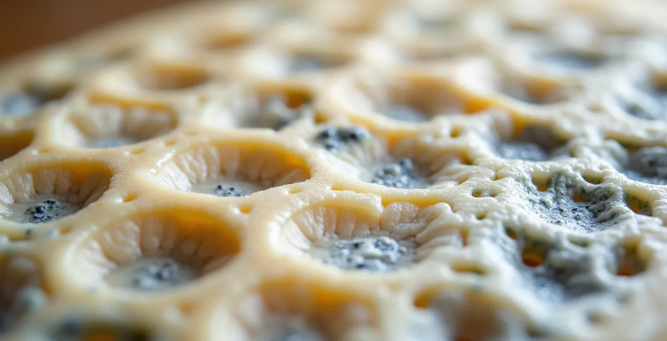 Texture macro d'un fromage artisanal en cours d'affinage avec détails de la croûte naturelle