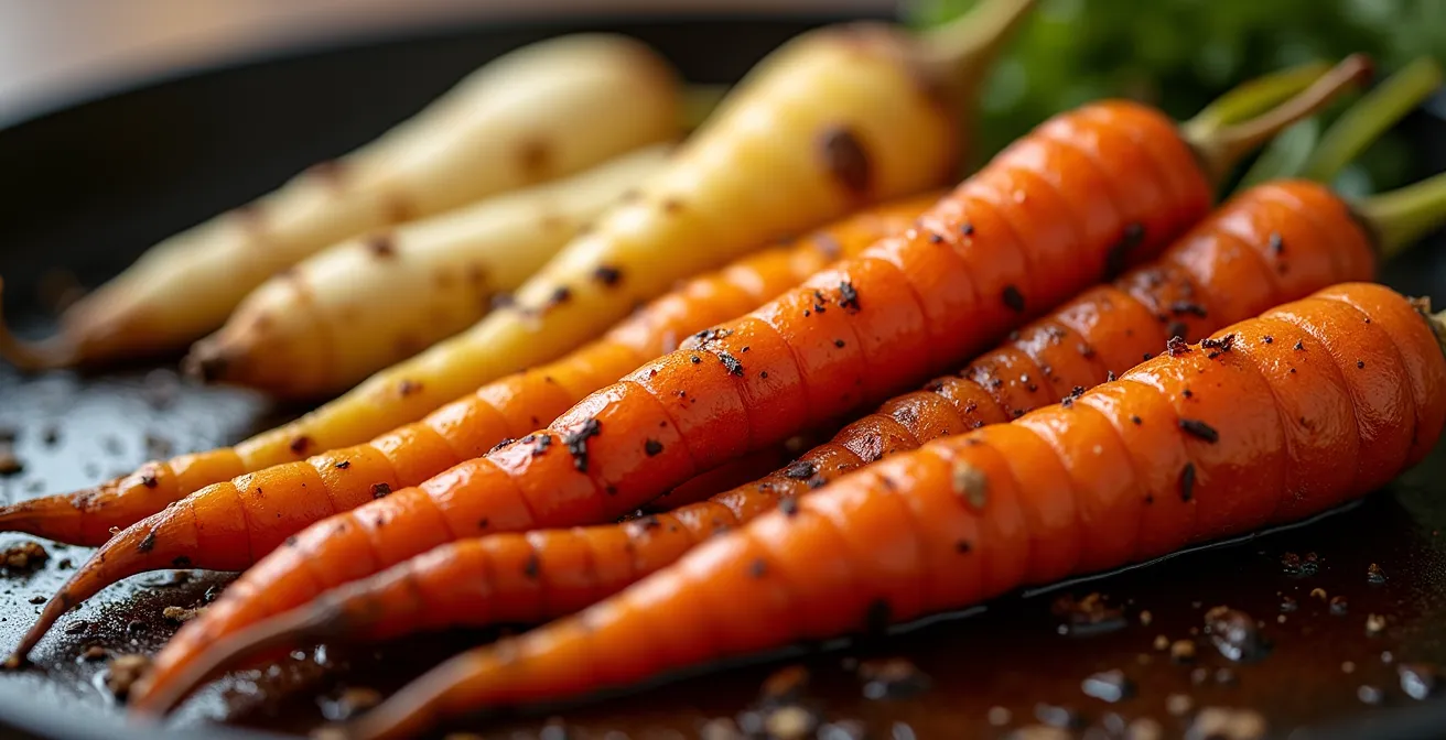 Gros plan sur des légumes-racines du Québec caramélisés montrant les différents stades de la réaction de Maillard