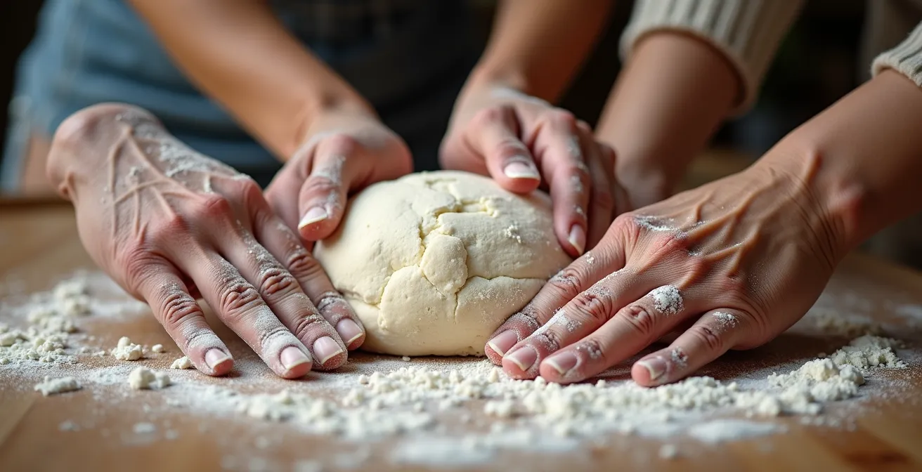 Mains de trois générations de femmes préparant ensemble une recette traditionnelle