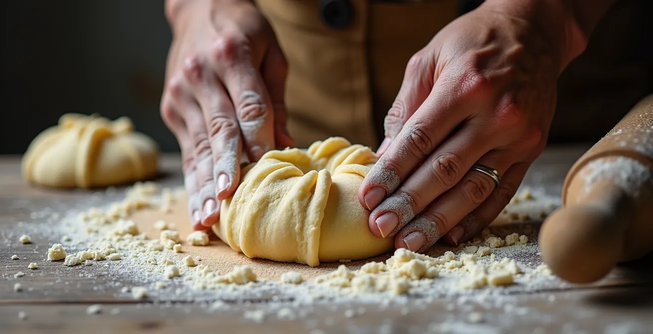Mains pétrissant de la pâte à tourtière avec saindoux sur plan de travail en bois